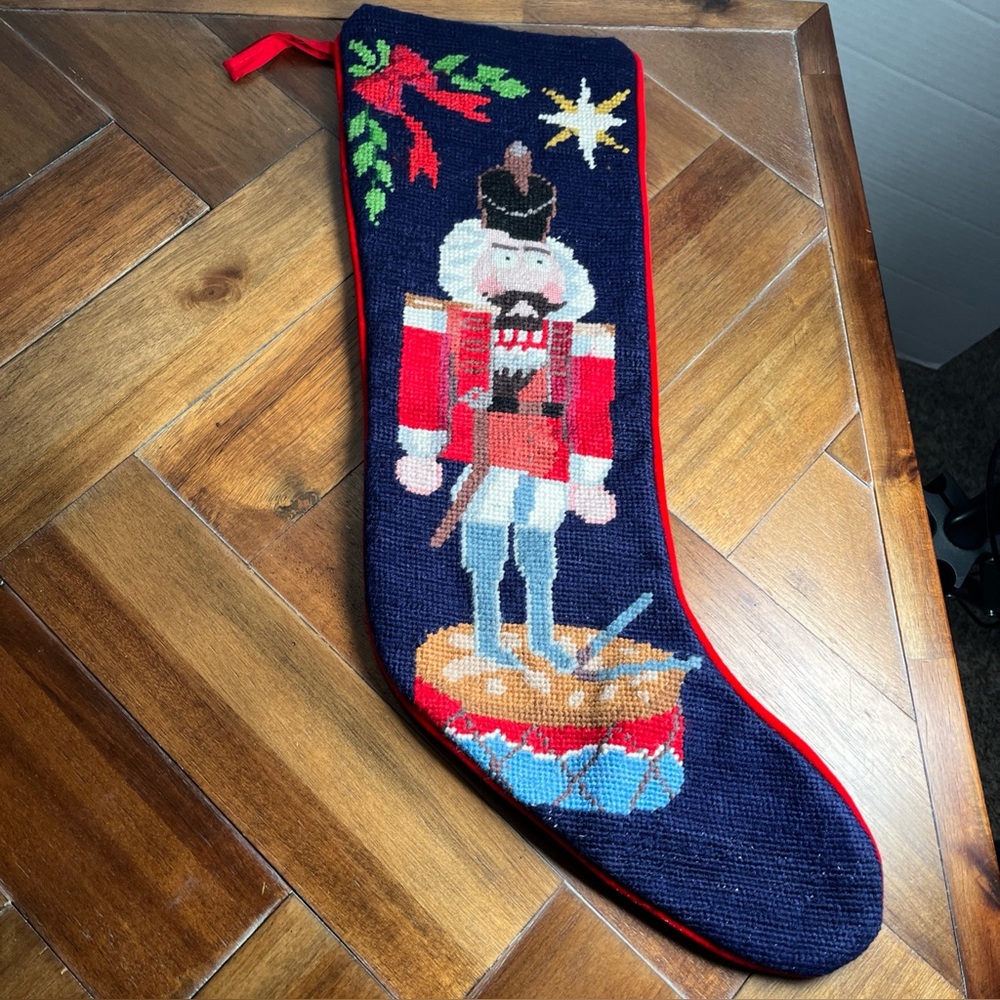 Needlepoint Navy blue Nutcracker Christmas, stocking, red velvet